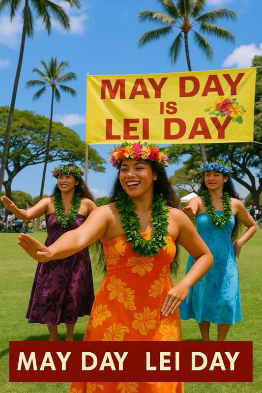 Hawaiian hula dancers performing at a May Day Lei Day festival in Hawaii, celebrating with traditional floral leis and colorful dresses on a sunny beach day