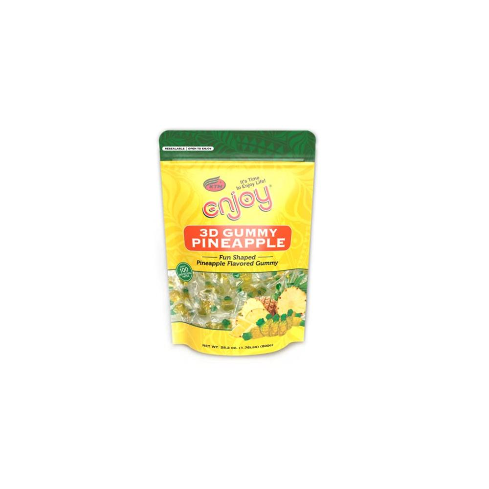 Front of Enjoy brand 3D Gummy Pineapple bag with individually wrapped gummies and Hawaiian-themed design