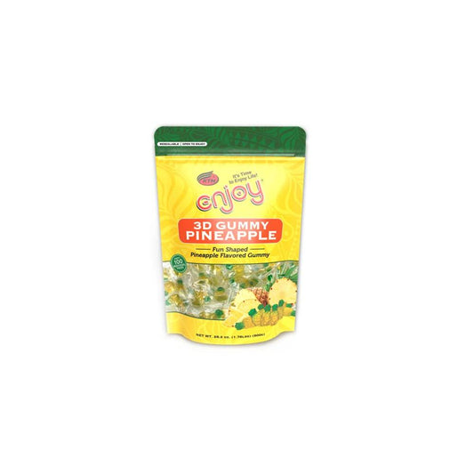 Front of Enjoy brand 3D Gummy Pineapple bag with individually wrapped gummies and Hawaiian-themed design