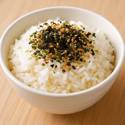 Close-up of a bowl of white rice topped with Japanese furikake seasoning with sesame seeds and seaweed