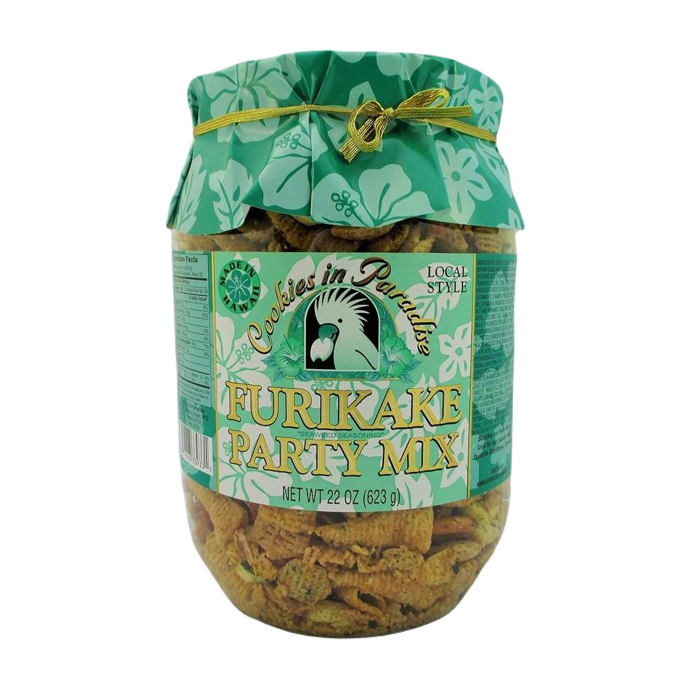 front view of Cookies in Paradise furikake party mix jar with seaweed seasoning label