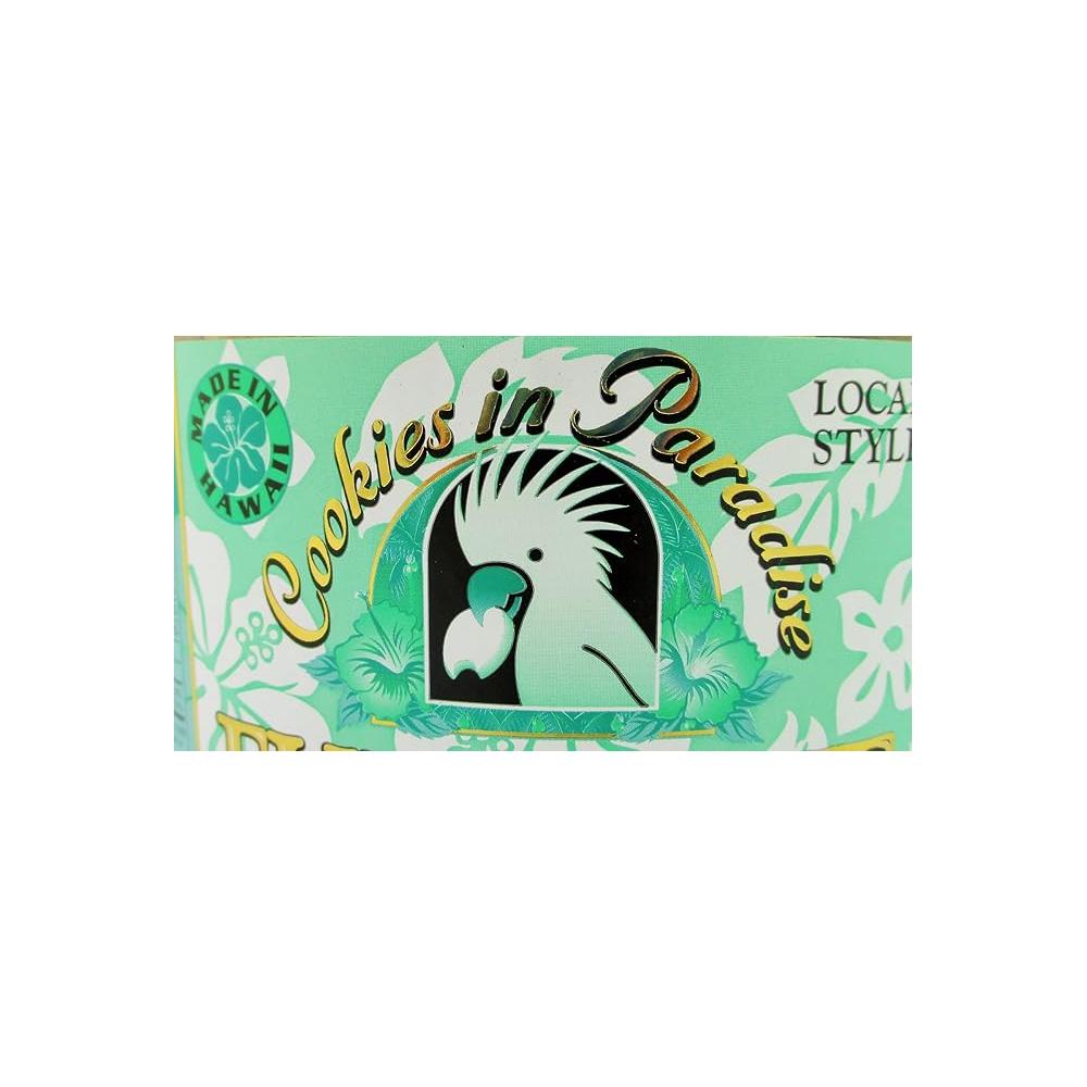 closeup of Cookies in Paradise label with tropical bird logo on green hibiscus background