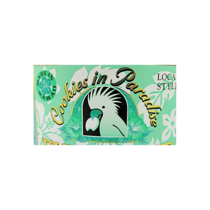 closeup of Cookies in Paradise label with tropical bird logo on green hibiscus background