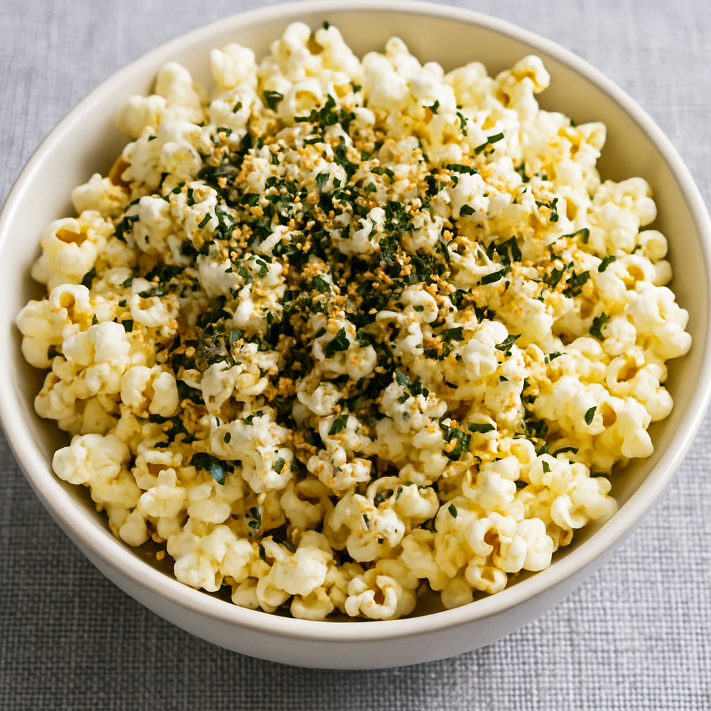 Popcorn covered with furikake seasoning in a white bowl on a light fabric surface