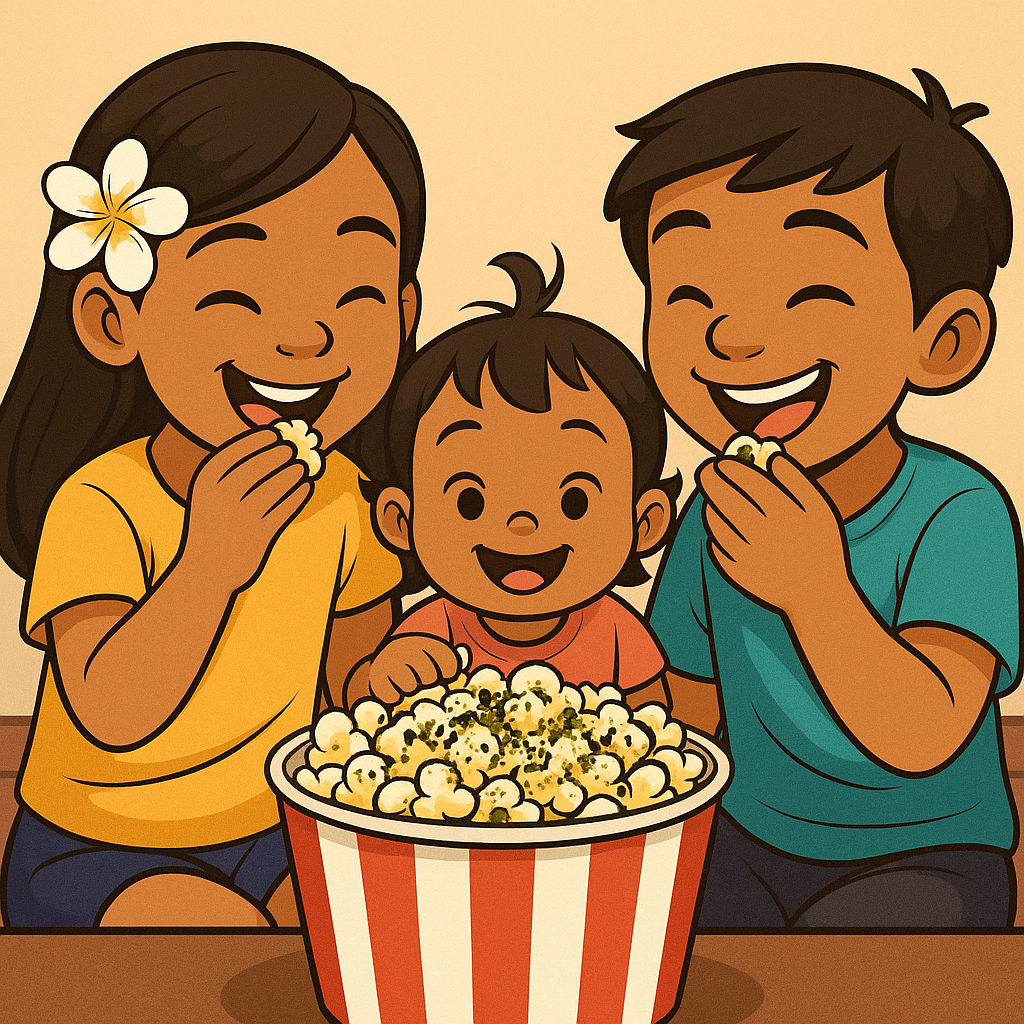 Smiling cartoon family enjoying a large bowl of popcorn topped with furikake seasoning