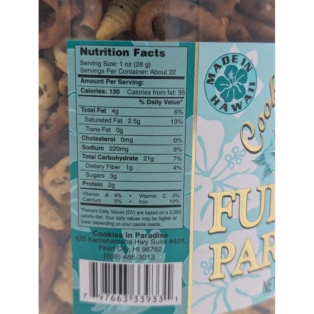 detailed nutrition label and barcode on Hawaiian furikake party mix by Cookies in Paradise