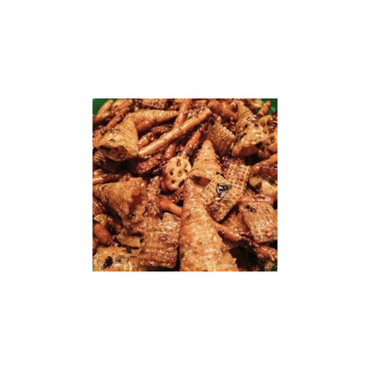 assorted furikake snack mix with cereal, pretzels, and seaweed seasoning inside a jar