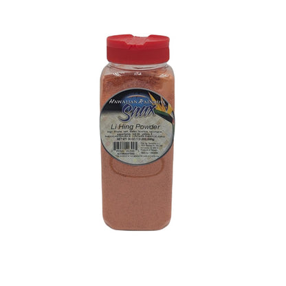 Front view of Hawaiian Rainbow Li Hing Powder in a 24 oz plastic bottle with red lid and colorful label