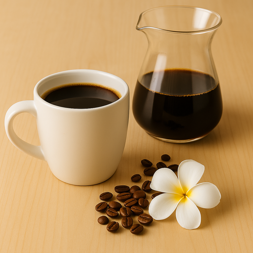 White ceramic coffee mug with black coffee, glass carafe, roasted beans, and a plumeria flower on a light wooden surface