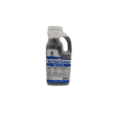 12 oz bottle of Mishima Nori Komi Furikake seasoning with sesame seeds and seaweed, standing upright on a white background